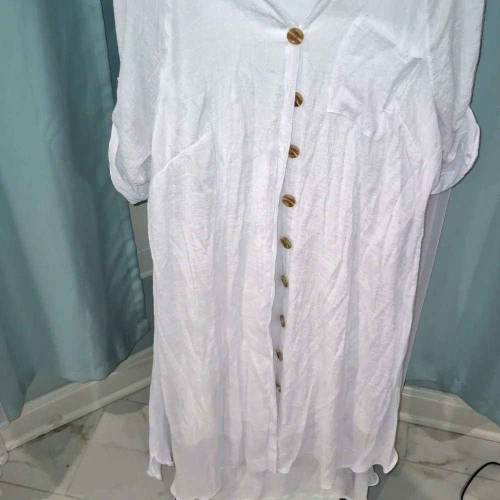 Mlle Gabrielle White Dress with Brown Buttons, A Lining & Front Pocket . - Picture 2 of 5